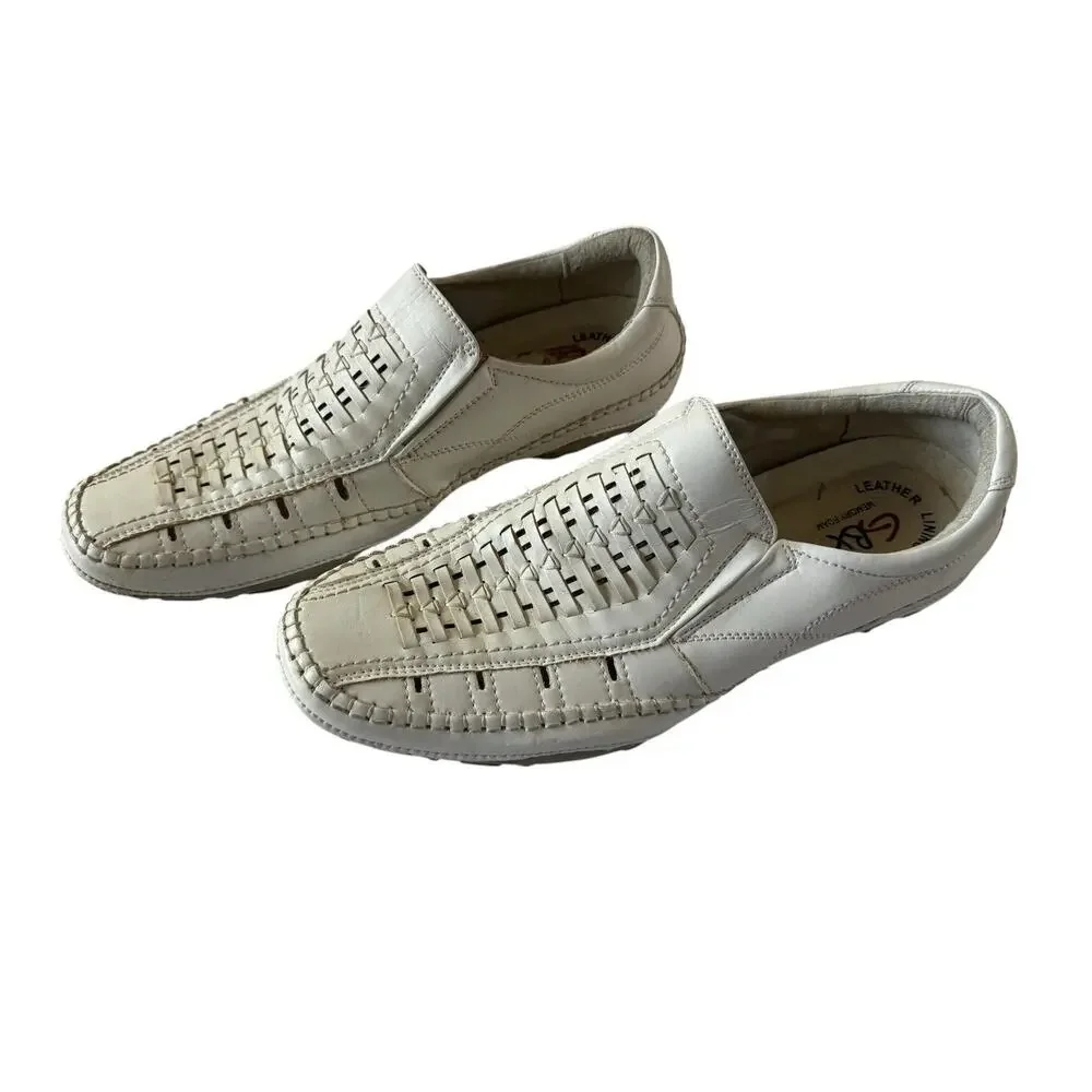 GBX Mens 11.5 Casual Slip On Loafers Shoes White Leather Woven